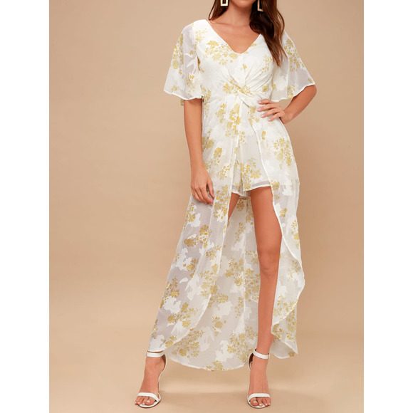 4SI3NNA Pants - 4SI3NNA Luna White and Yellow Floral Print Maxi Romper Small